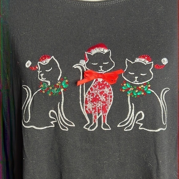 KAREN SCOTT WOMAN BLACK CHRISTMAS KITTY LONG SLEEVED HENLEY TSHIRT SIZE 1X NWT - Picture 2 of 5